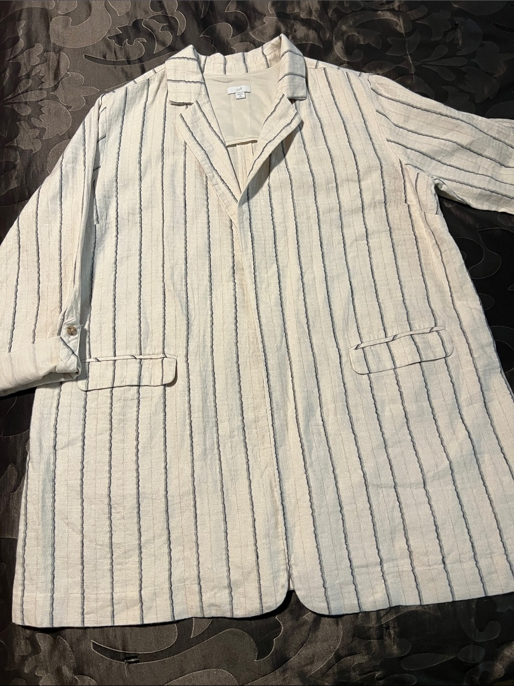 J. Jill Linen/Cotton Cream Pinstripe Blazer Blue Tan Navy Stripes Women XL TALL